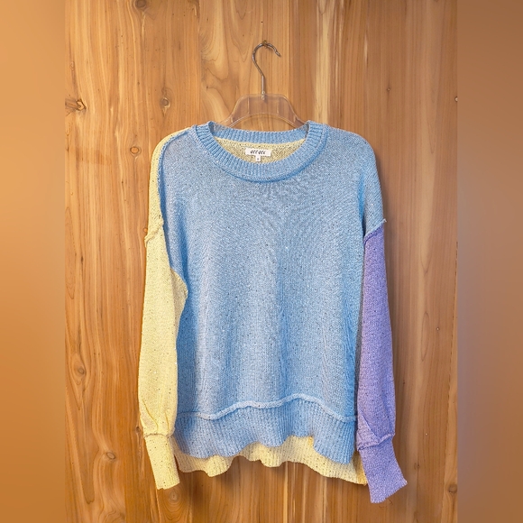 GeeGee Sweaters - GeeGee Pastel Colorblock Crewneck Sweater - Blue, Yellow & Lavender, Size Small